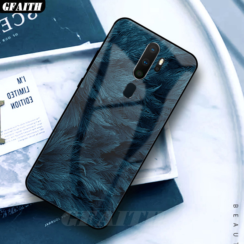 GFATIH Für OPPO A9 Fall Feder Print Starry Sky Gehärtetem Glas Telefon Fall Für Oppo A5 Abdeckung funda