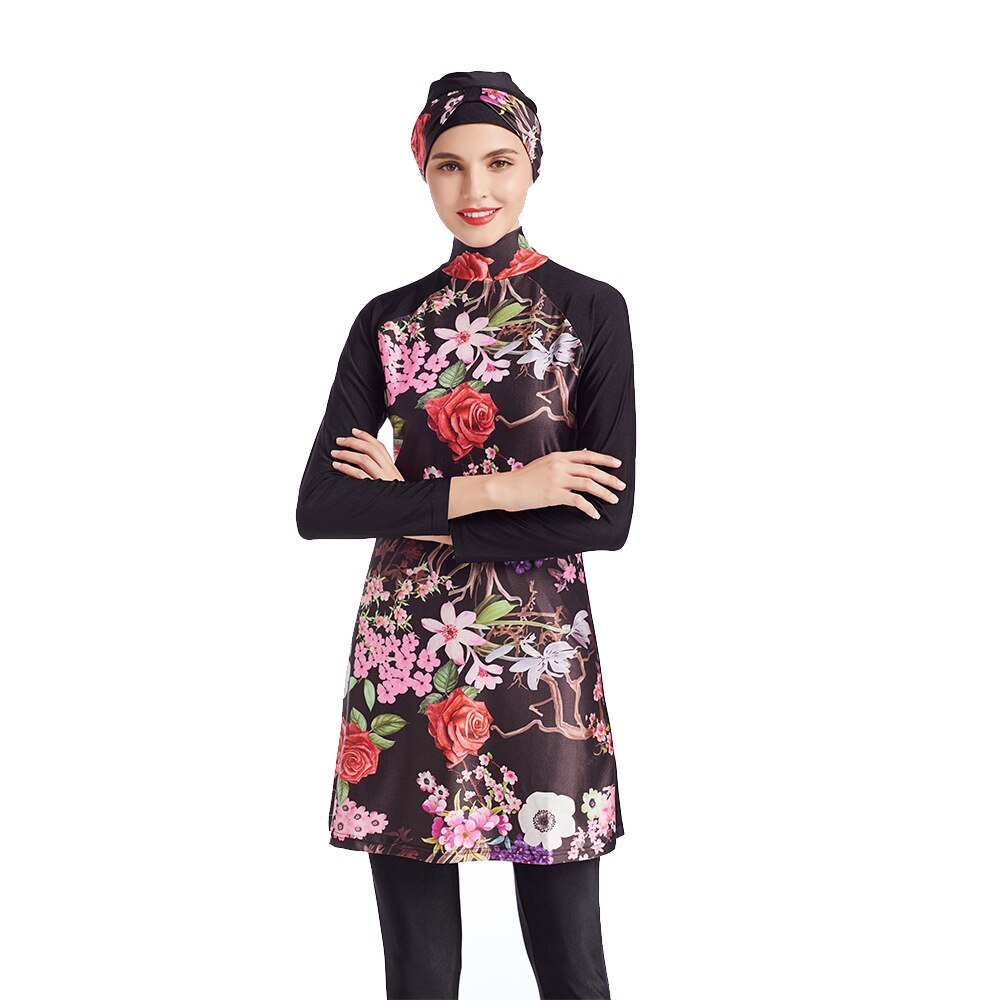 3 stk kvinder muslimsk blomstret badedragt sommer beskedenhed islamisk maxi afslappet burkinis fuld cover badehætte lange toppe bukser: 4xl