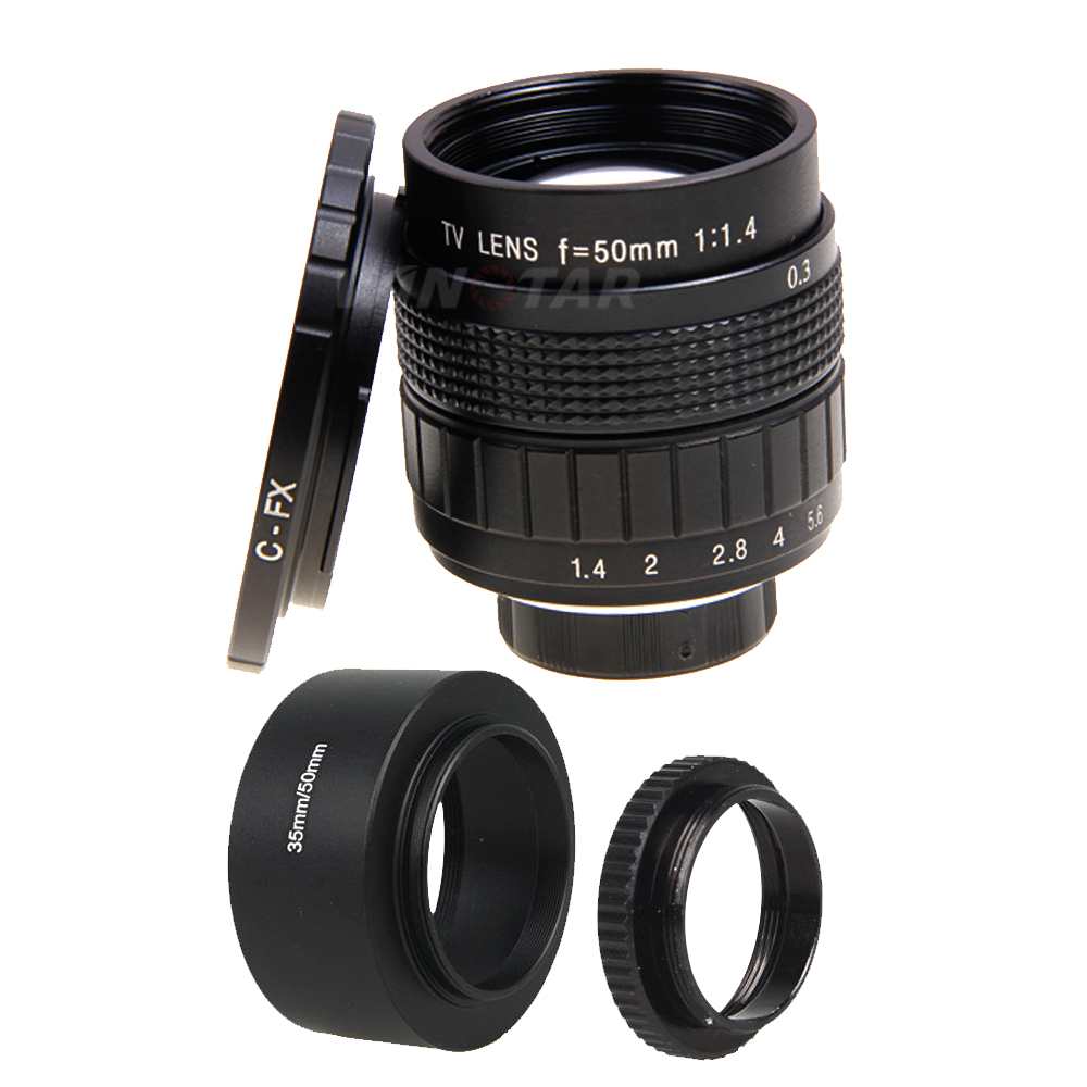 FUJIAN 50mm f/1.4 CCTV F1.4 Lentille + C-FX Monter + Pare-soleil + Bague Macro pour Fujifilm X-A2 X-A1 X-T1 X-T2 X-E2 X-1M X-Pro2 X-Pro1