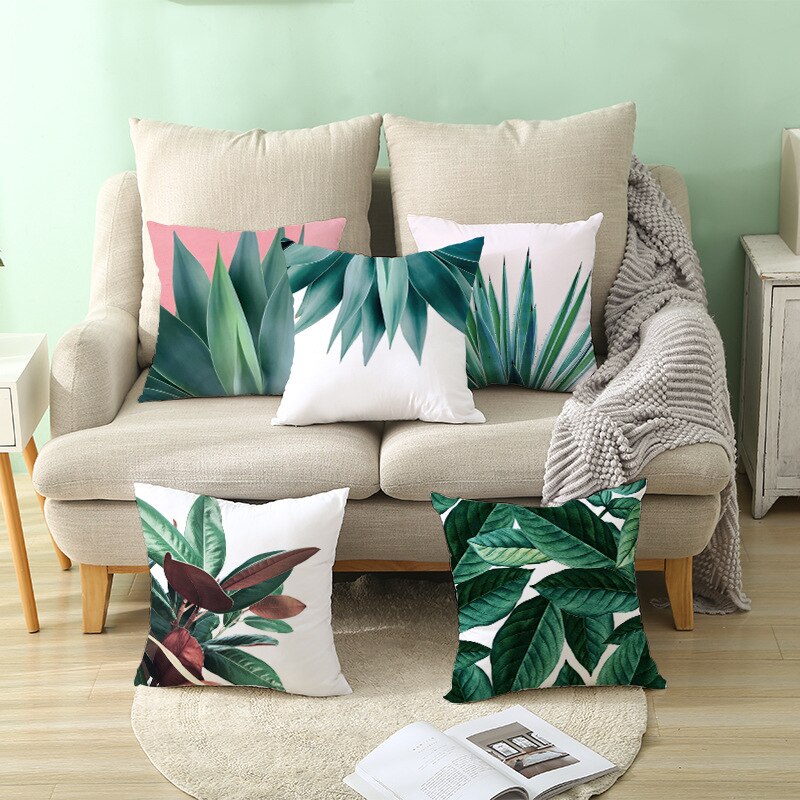Kids Tropische Planten Palmblad Groene Bladeren Monstera Kussenhoezen Hibiscus Bloem Kussenhoes Decor Beige Linnen Kussensloop