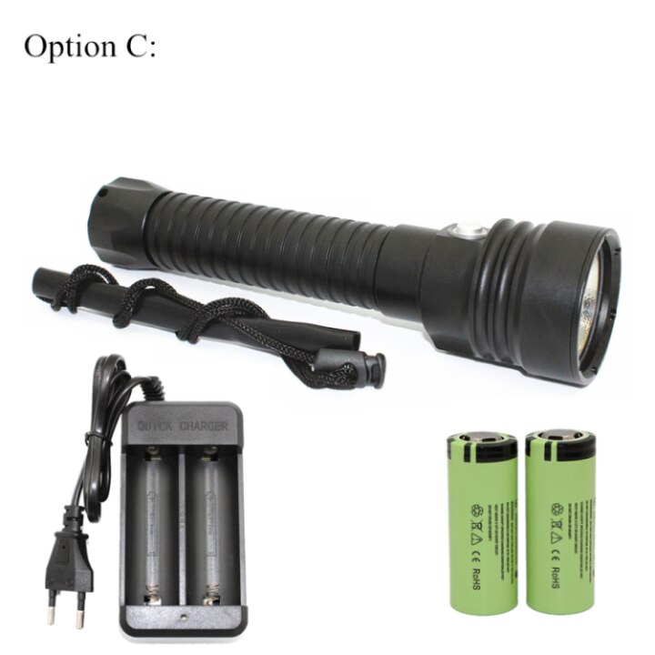 Xhp 70 dykkerlommelygte 4000lm undervandslygte xhp 70.2 led vandtæt lampe hvid/gult lys  + 26650 batteri + oplader: Pakke c