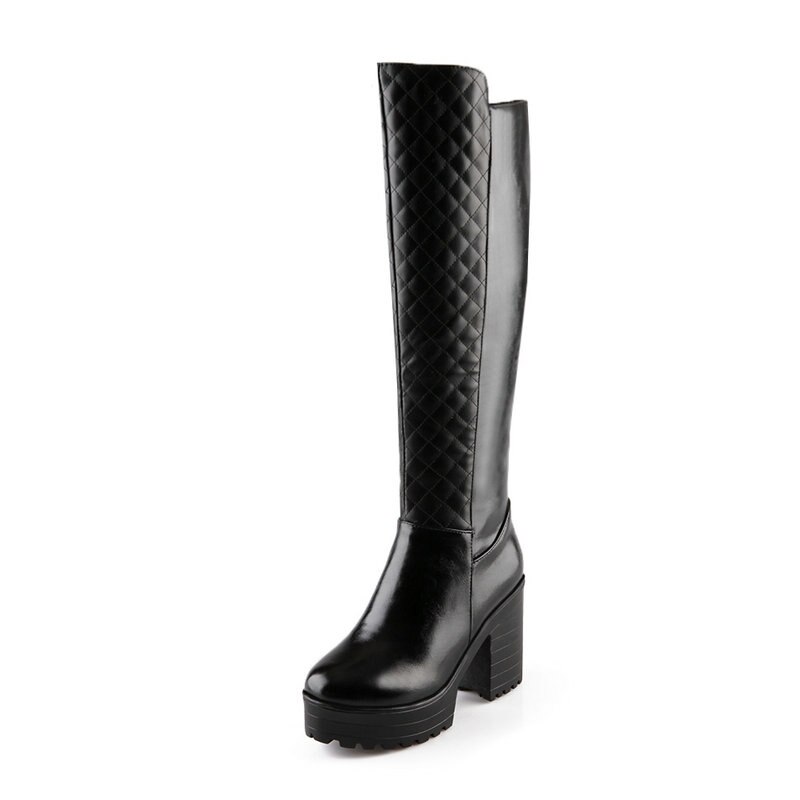 Frauen Schuhe Winter Plüsch Platz hoch Hacke Kniehohe Stiefel Plattform Reißverschluss Stiefel Runde Kappe Stiefel Schnee Weiß Schwarz