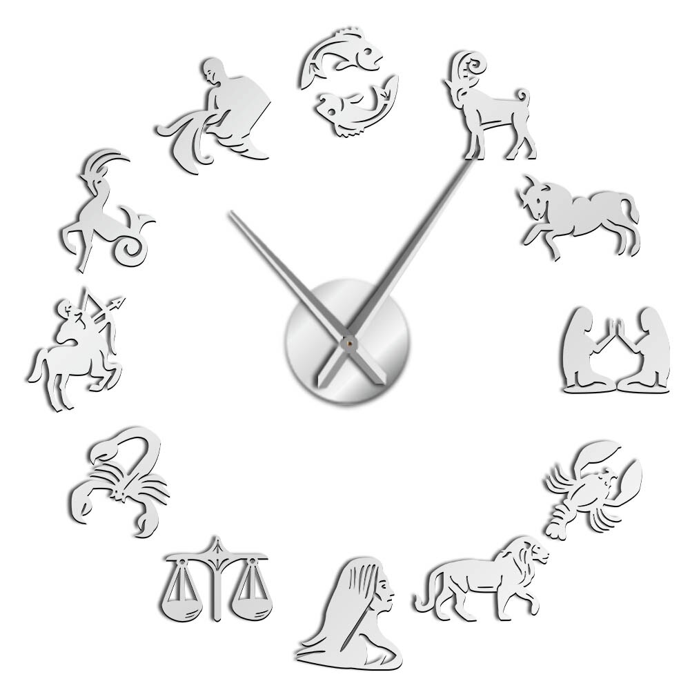 Zodiac Signs Wall Art Stickers Giant DIY Frameless Wall Clock Constellation Astrology Hanging Clock Watch Home Decor Fans: Silver / 37 Inch