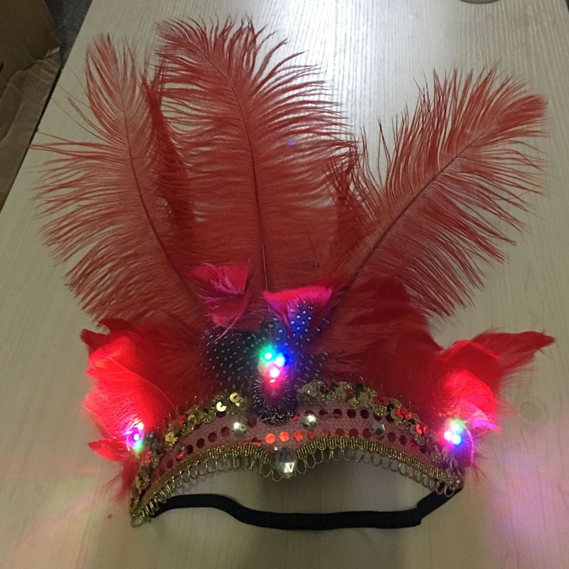 LED Glowing Feativel Hairband Female Feather Headband Hair Accessories Headdress Halloween Decoration Crown Neon Party