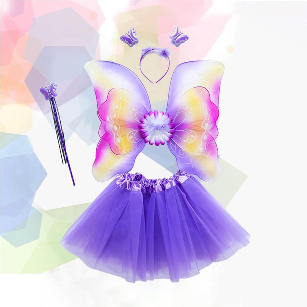4 stk piger eventyr kostume sæt regnbue sommerfugl vinger tre lag tyl tutu nederdel tryllestav prinsesse halloween fest 3-8t