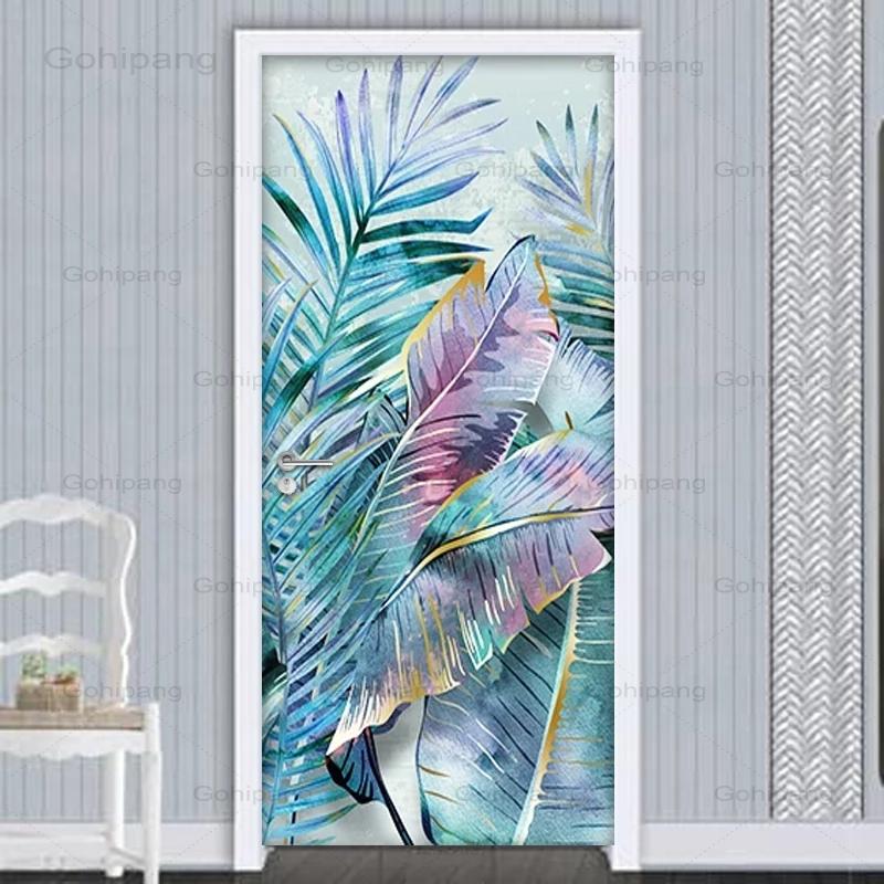 Pegatina de puerta de hojas de plantas, papel tapiz moderno para sala de estar, dormitorio, 3D, Pvc, impermeable, autoadhesivo, Mural de puerta, papeles de pared, decoración del hogar