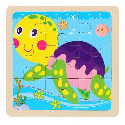 Mini Size 11*11cm Wooden 3D Cartoon Puzzle Jigsaw for Children Kids Cartoon Animal/traffic Puzzles Educational Toy Girl Boy: turtle