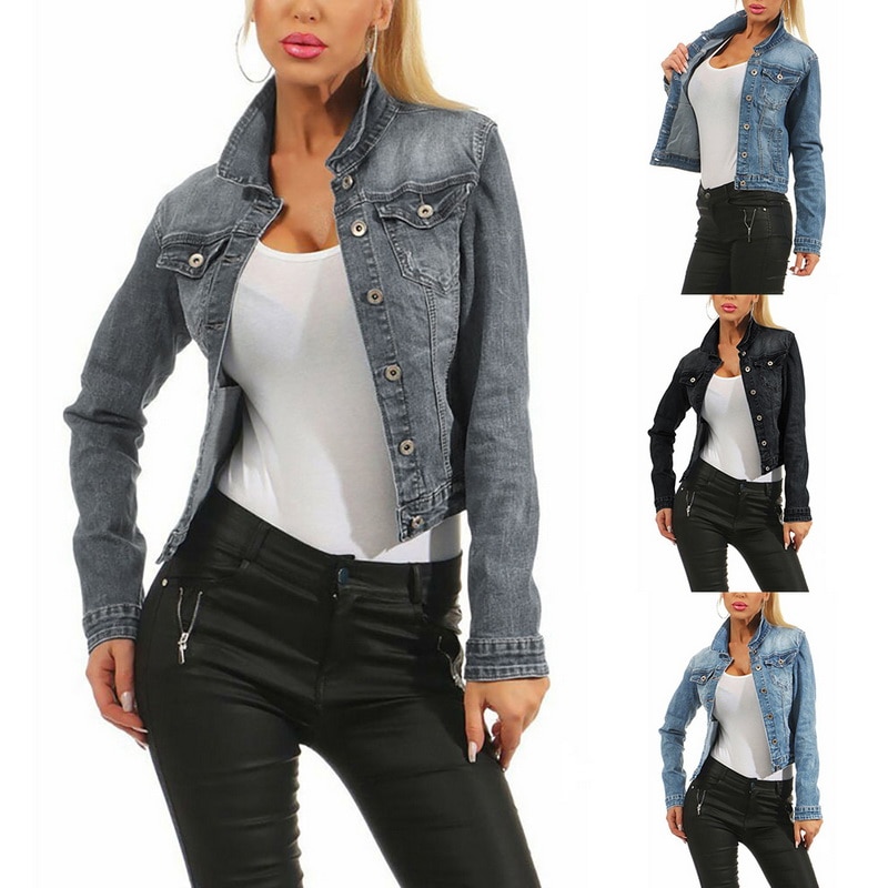 Kvinnor kappa jeansjackor blå höst jeansjackor dam jeans enkelknäppta jeansjackor kvinnliga feminina kläder