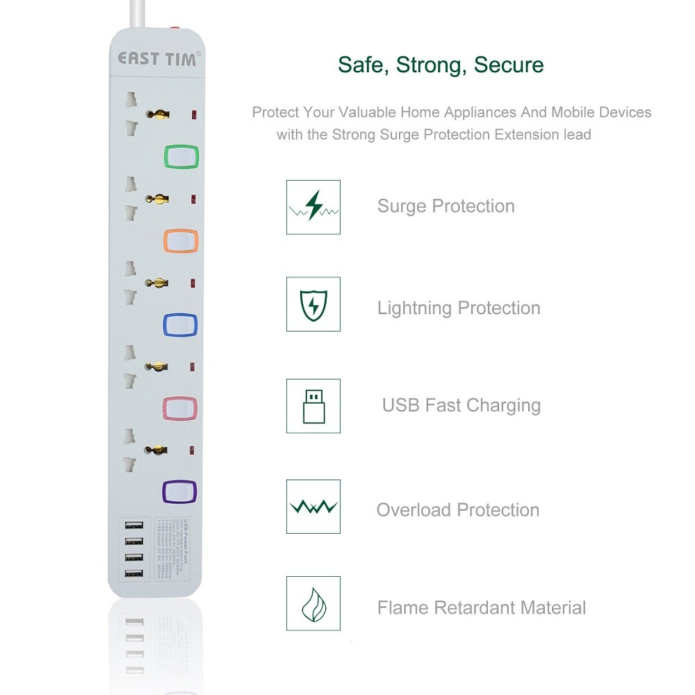 Multiple Power Strip 5 Way AC Universal Outlets Electrical Plug Socket with USB Individual Switched 1.5 M Extension Cord