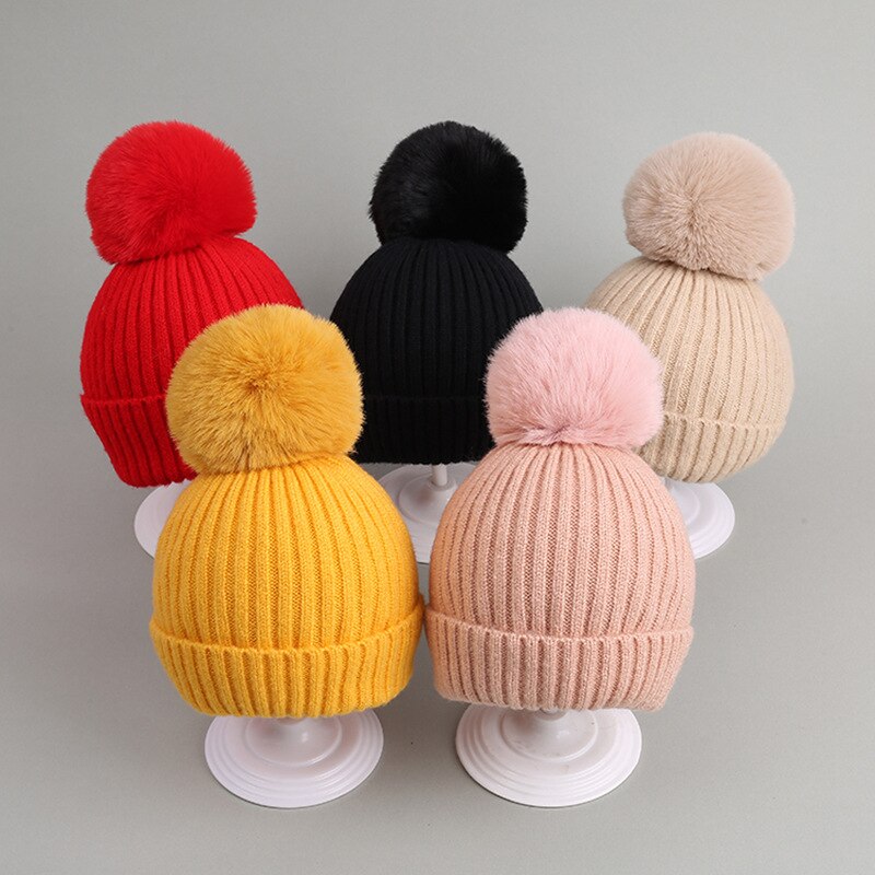 Bonnet tricoté épais et pour enfant, chapeau à pompon, couleur unie, accessoires pour fille et garçon, automne et hiver