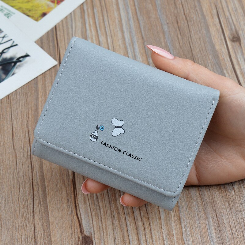 Portefeuille femme court Tri-fold porte-monnaie sac japonais coréen multi-fonctionnel cuir portefeuille filles porte-carte: Gray