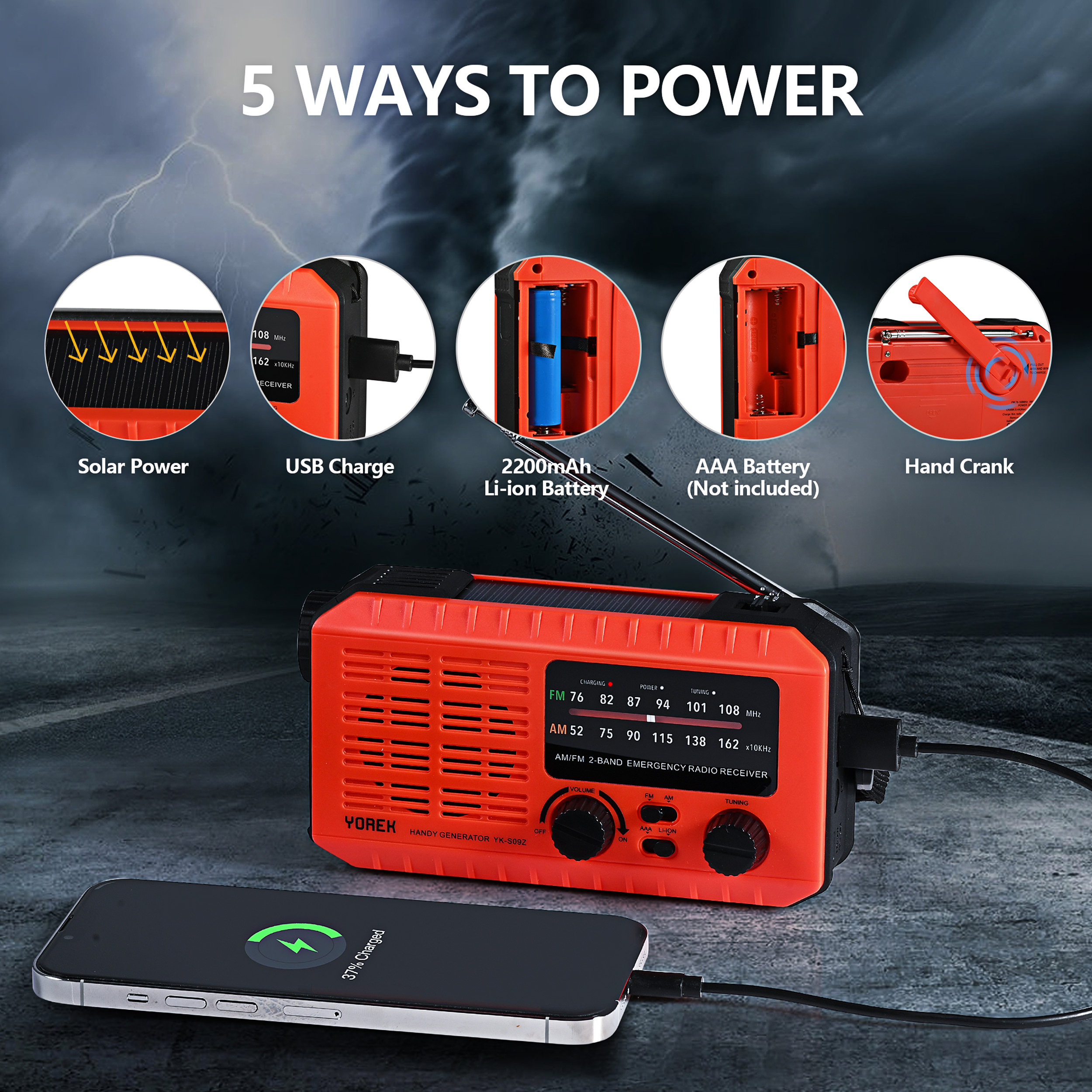 Yorek Emergency Hand Crank AM FM Radio, With 2200mAh replaceable 18650 battery, Solar Radio with LED Flashlight, SOS Alert