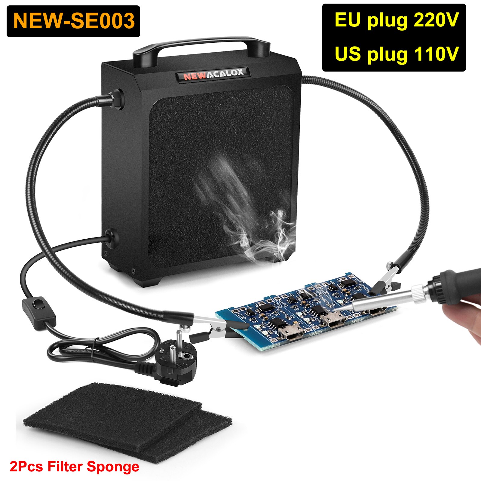 NEWACALOX EU/US 30W Solder Smoke Absorber Remover with 2Pcs Flexible Arms Helping Hands Welding DIY Working Fan for Soldering: 003 Smoking Device / EU