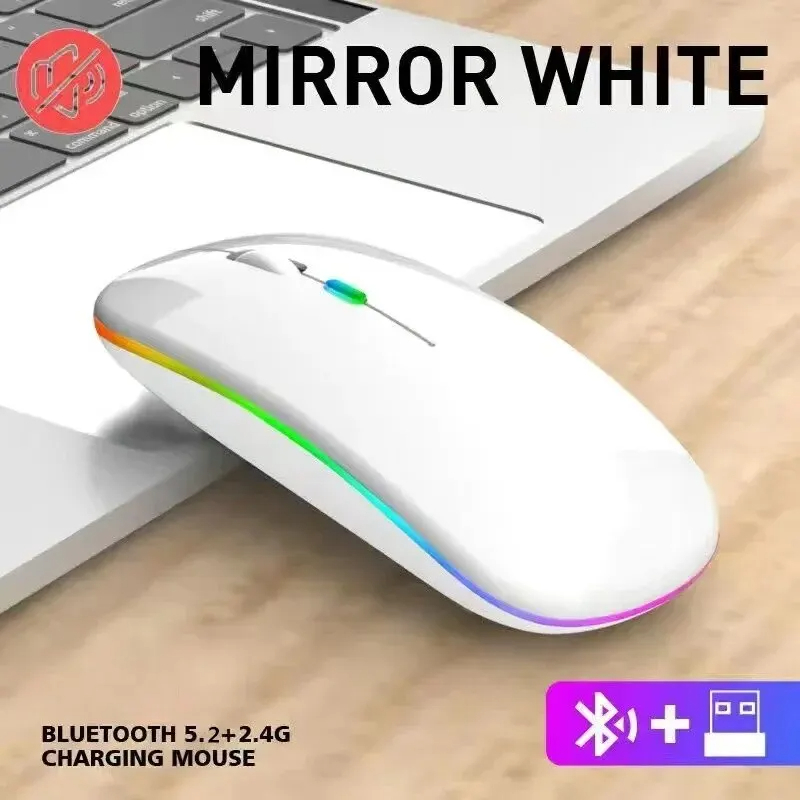 Wireless Mouse Rechargeable Silent LED Backlit Mice PC Laptop Computer Mous 2.4Ghz Receiver Bluetooth Dual Mode Optical Mice: WHITE