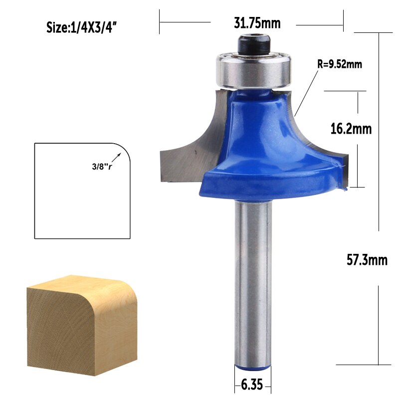 Vaaa 1 Pc 1/4 "Schacht Hoek Ronde Over Router Bit Met Lager Frees Voor Hout Houtbewerking Tool Tungsten carbide: 6.35mmX19mm