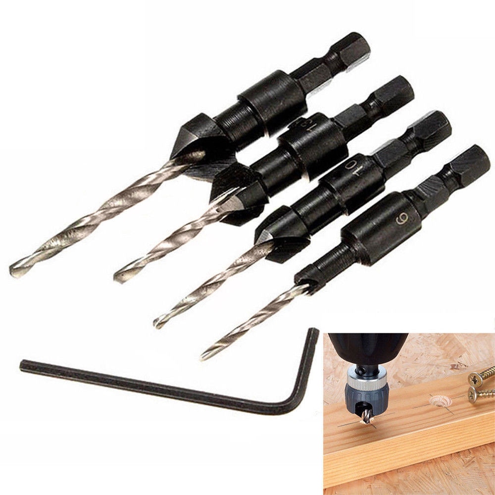 T# 4 Pcs 1/4 Inch Hss Hex Shank Countersink Tapered Drill Bit Set With Wrench Quick Change Cone Reaming Wood Woodworking Tools