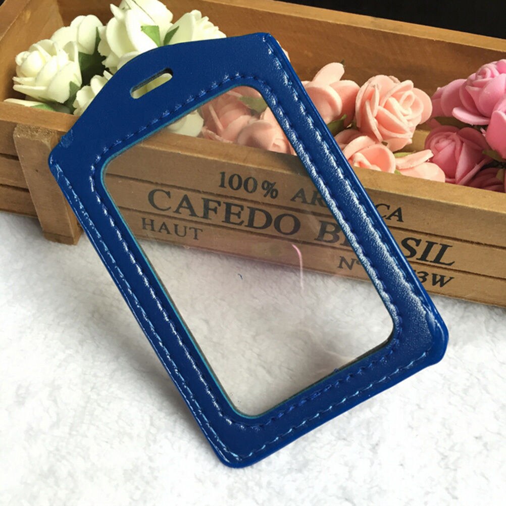 ID PU Leather Card Holders Horizontal Vertical Style Badge Case Clear with Color Border and Lanyard Holes School Stationery: Blue