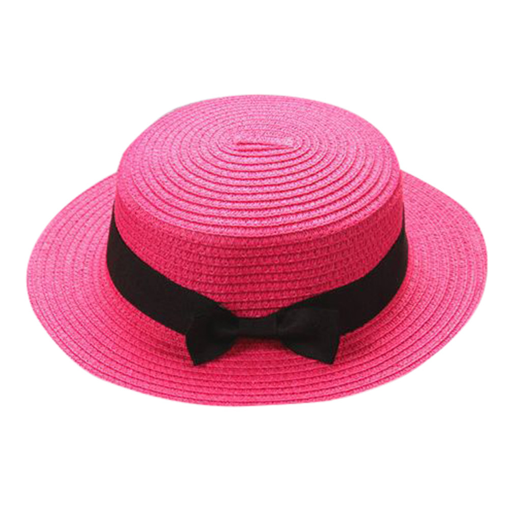 Bowknot Children Breathable Hat Straw Hat Kids Hat Boy Girls Cap Weaving Cap Unisex Straw Cylinder Bowler Hat #T1P: Hot Pink