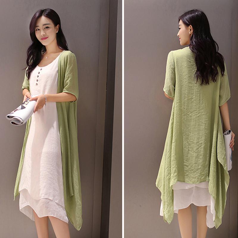 Yfashion Women Dresses Spring Summer Retro Linen Dress Summer Sleeveless Buttons Dress+Thin Coat Set Women Two Piece Set