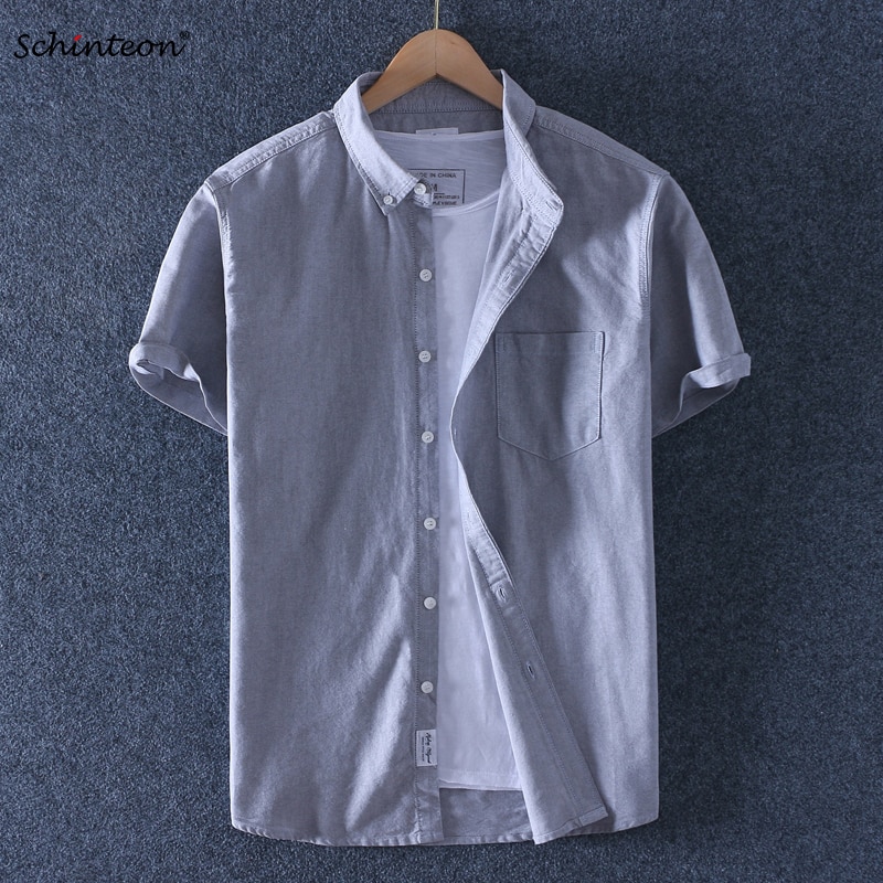 Schinteon Mannen Zomer Oxford Korte Mouwen Casual Slim Shirt 100% Katoenen Shirts Turn-Down Kraag