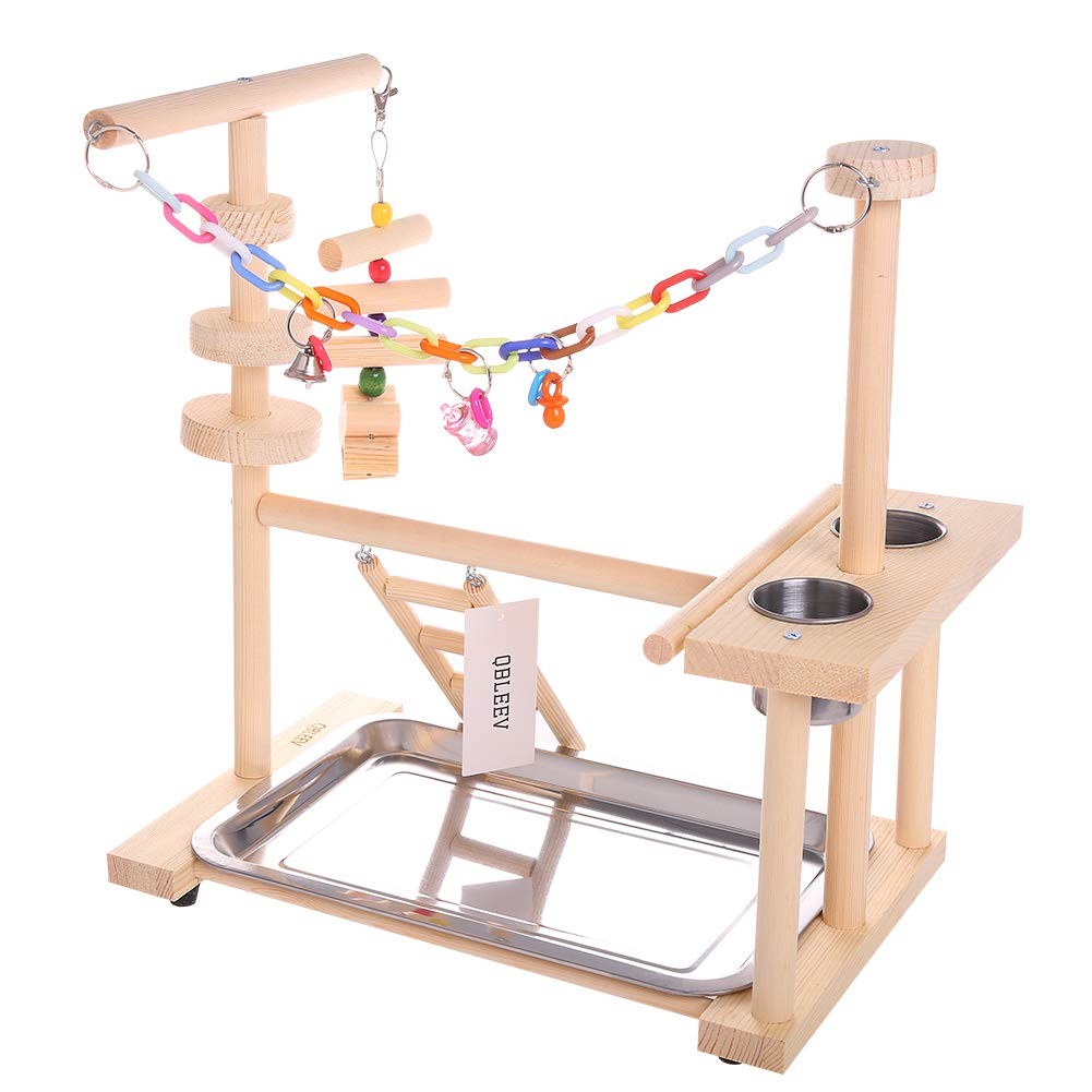 Soporte de juego para loros, parque de juegos para aves, cacatúa, parque infantil de madera, corralito de gimnasio, escalera con alimentador, tazas de juguete (incluye bandeja)