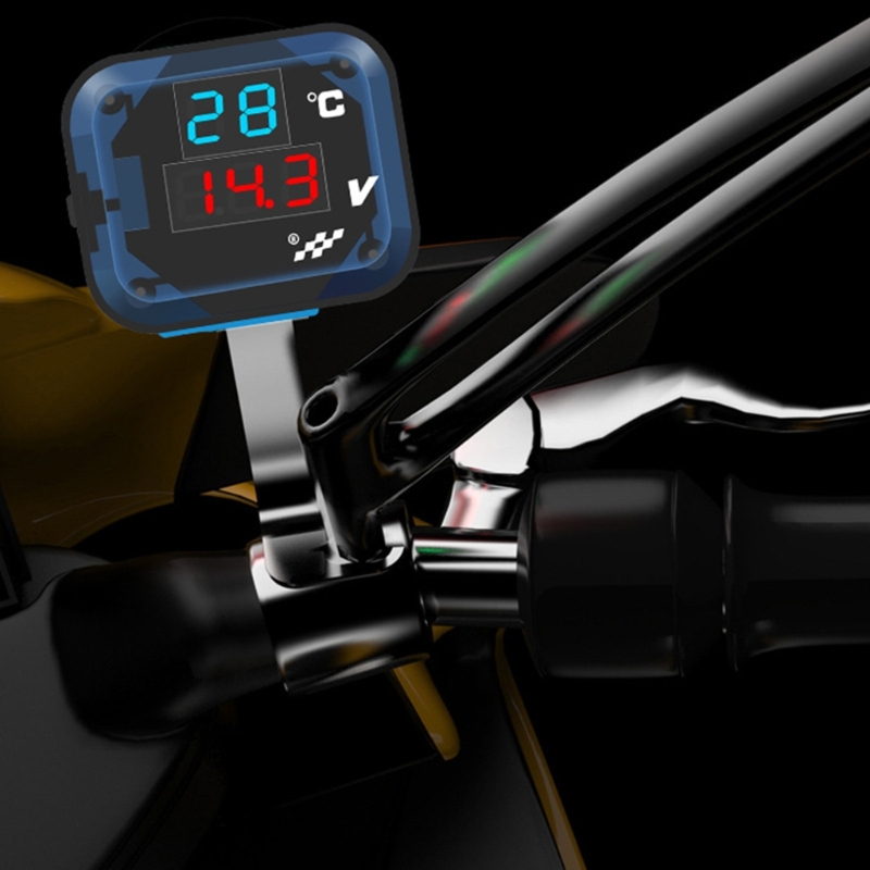 Motorcykelmodifierad tillbehör motorcykeltermometer led-voltmeter med laddningsport vattentät temperaturspänningsmätare  h9ee