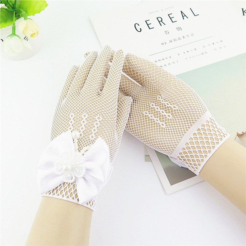 White Girls Wedding Gloves Mesh Bow Pearl Princess Party Supplies Children Birthday Ceremony Coronation Accessories Girls