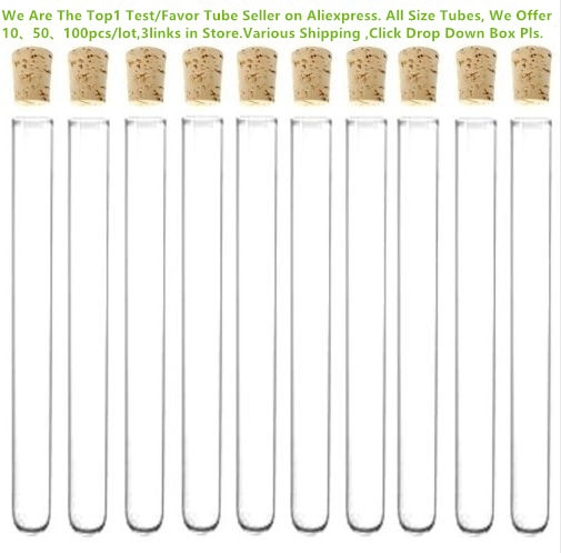 Tubo de ensayo de vidrio con tapón de corcho, 10 Uds., 20x200mm, 43ml, paquete de té de 8 pulgadas, disponible en todas las tallas