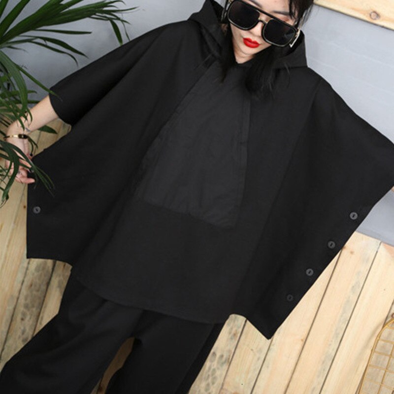 Black Hip Hop 2 Piece Set Autumn Oversized Tracksuit Hooded Tops + Harem Pants Women Suit Female Cloak Bat Shirt Clothing