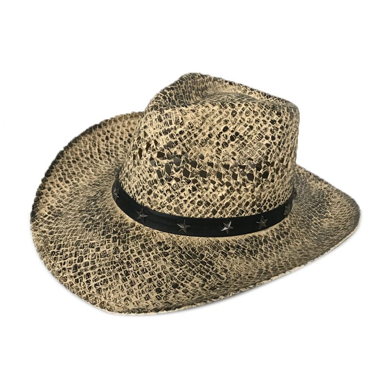 YY-sombreros de paja de estilo vaquero para hombre, gorros de paja con remaches anchos de estrella de cinco puntas, gorra de Jazz, sombrero de playa de vaquera hueco CM19013: Black cowboy cap