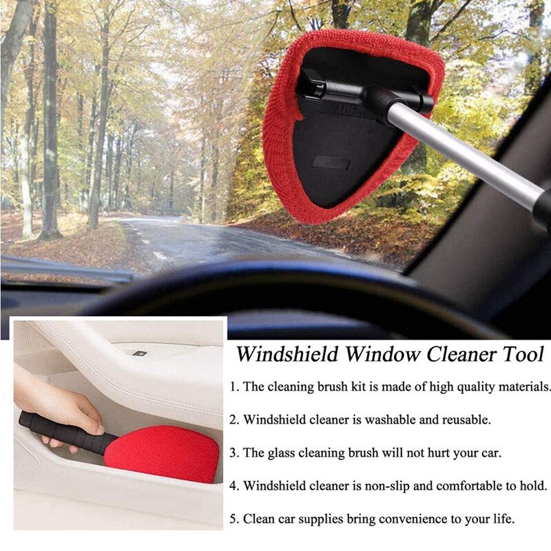 Windshield Window Cleaner Tool, Extendable Long-Reach Handle, 5 Washable Reusable Bonnets