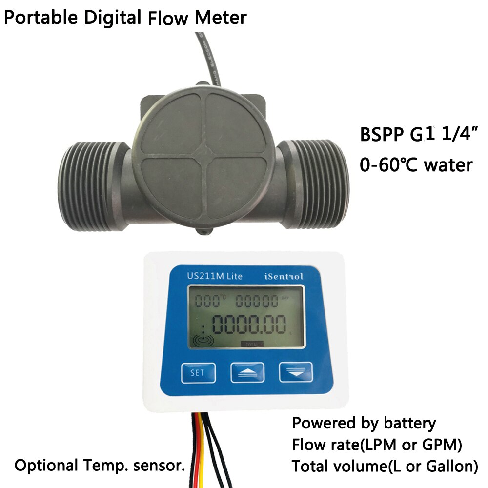 US211M Lite Portable Digital Flow Meter and USN-HS141TA 1-120L/min Water Sensor G1 1/4" PA66 Plastic iSentrol Zhongjiang YF-DN32: whole set