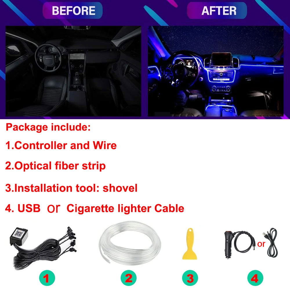 Iluminación LED ambiental de neón para coche, 6 en 1, 8m, RGB, tira de luz Interior de ambiente, Control por aplicación de fibra óptica, Lámpara decorativa LED automática