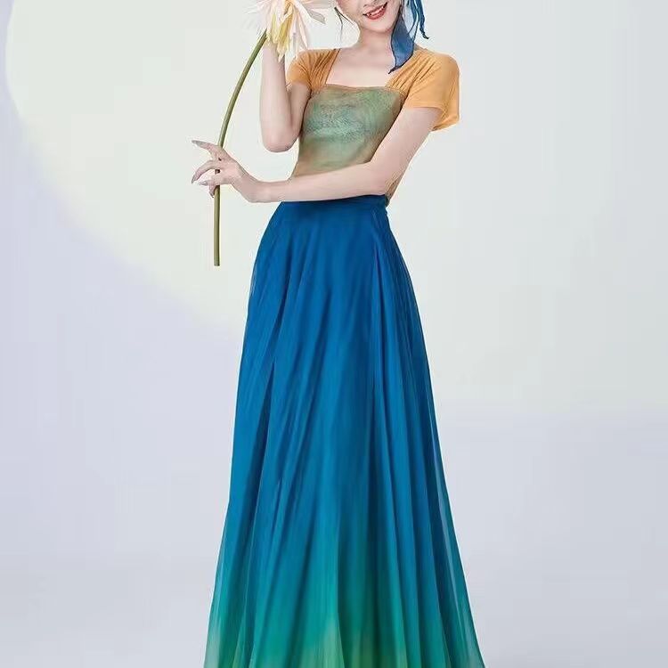 Hanfu-falda larga fluida de 720 grados para mujer, traje de entrenamiento para bailar, pantalones de gasa de pierna ancha, disfraz clásico degradado verde y amarillo