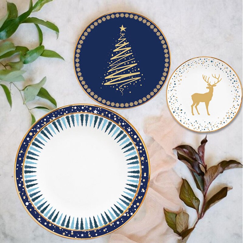 Christmas Decoration Dinner Plates China Bone Round Plates Elk Christmas Tree Dishes and Plates Dinnerware Kitchen Supplies