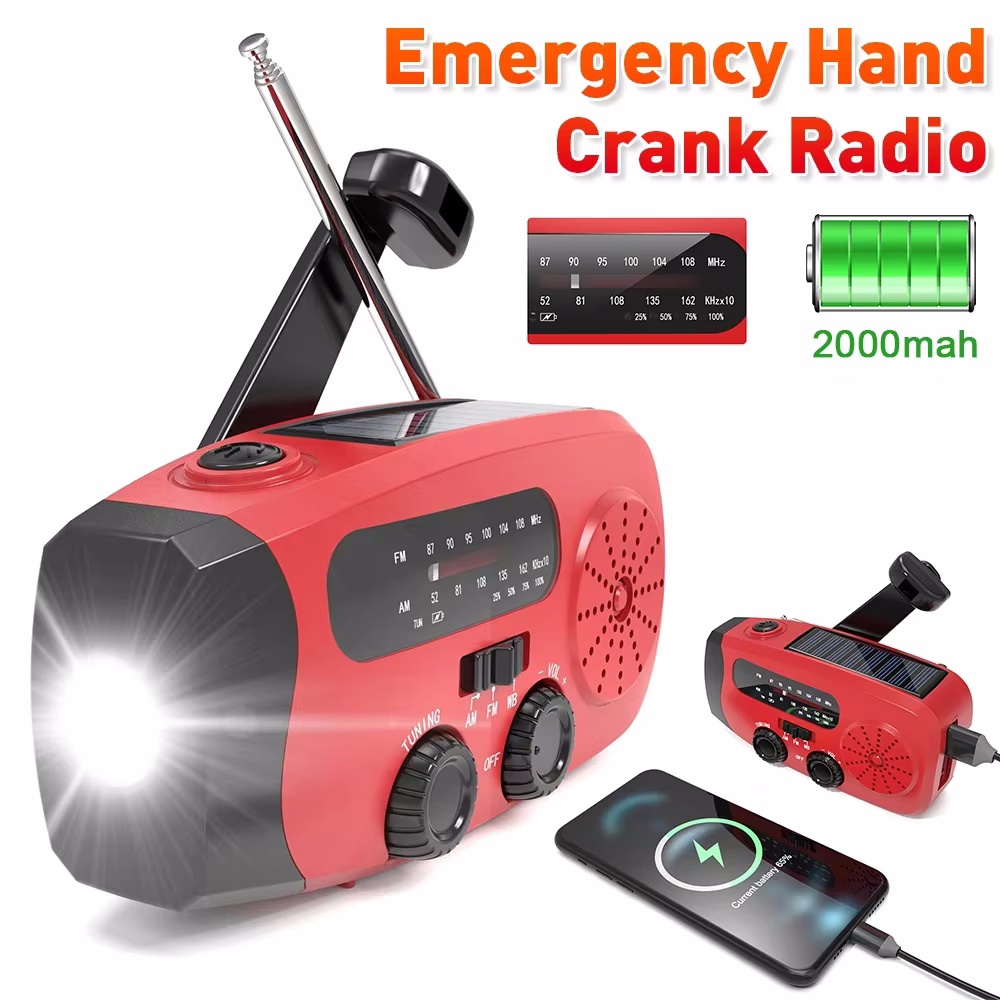 Wielofunkcyjne radio słoneczne z korbą ręczną FM AM WB NOAA Radio pogodowe 2000 mAh Ładowanie USB Awaryjna latarka LED Zakaz zasilania