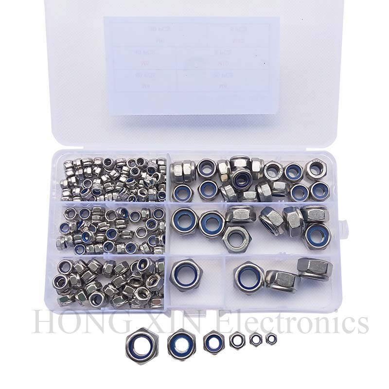 Tuerca de seguridad autoblocante de acero inoxidable, Kit surtido de tuercas hexagonales de nailon, m3 m4 m5 m6 m8 m10 m12, 164 Uds.