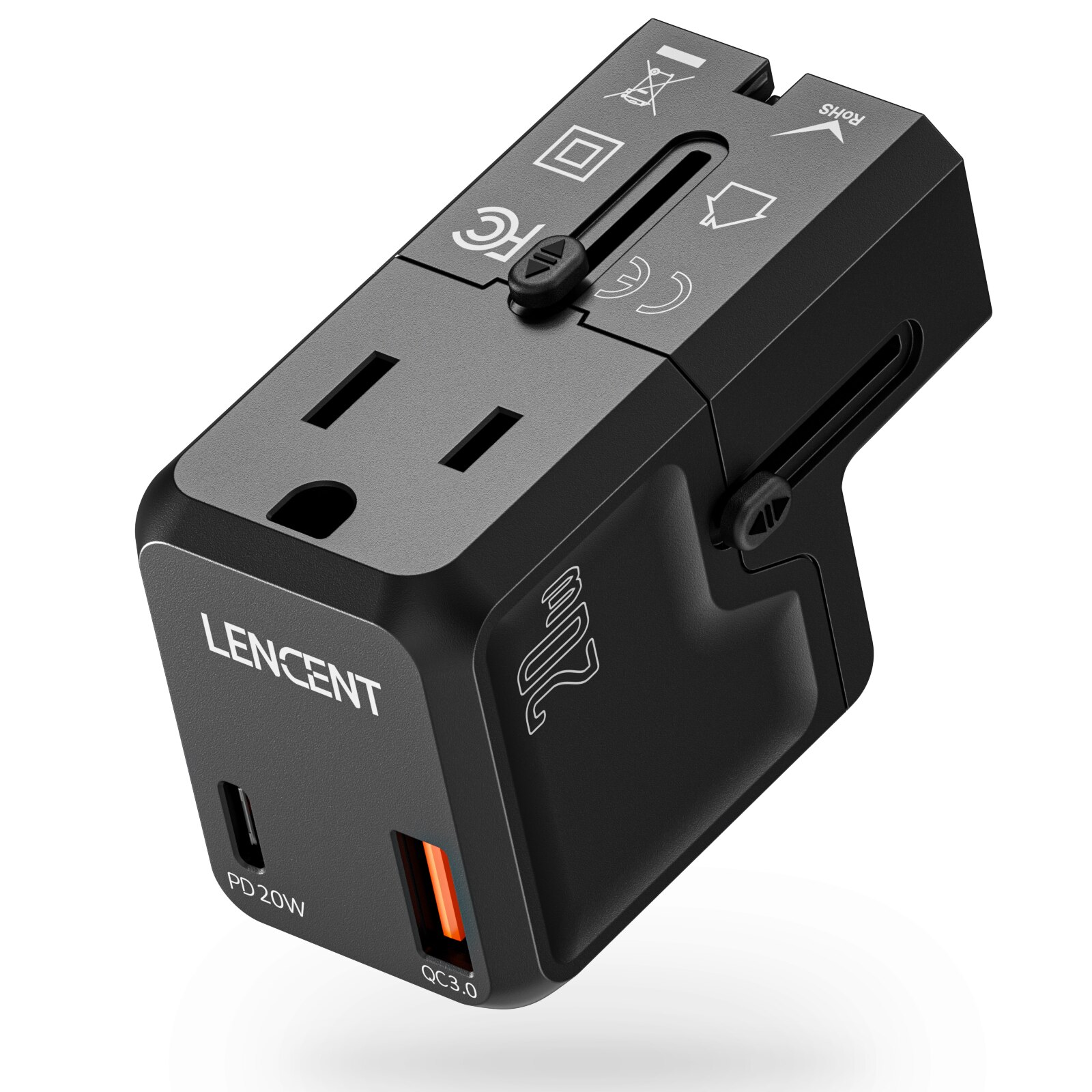 Lencent universal reiseadapter med 1 ac uttak 20w 1 usb  qc 3.0 port og 1 pd hurtiglader, strømadapter for usa, eu, storbritannia og australia: Default Title