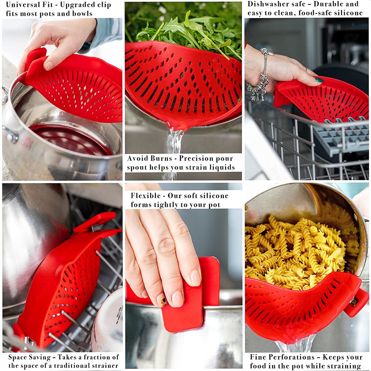 Silicone Kitchen Clip on Pot Strainer Clip Pan Drain Rack Bowl Funnel Rice Pasta Strainer for Spaghetti Meat Grease Fits Pots