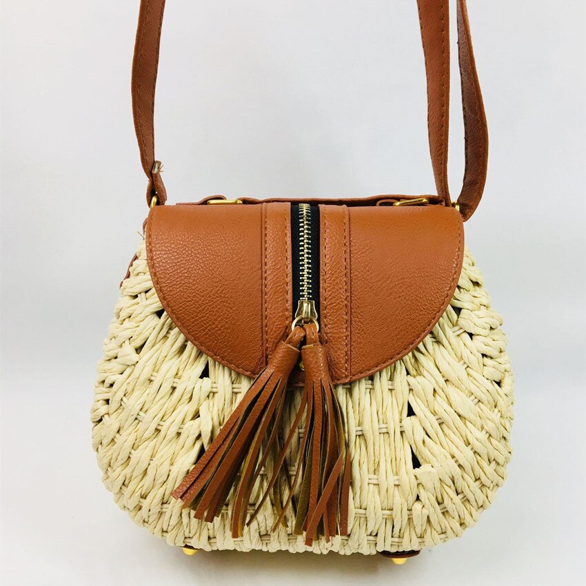 Puur handwerk stro gevlochten kwast vrouwelijke tas rotan gevlochten een schouder reistas voor vrouwen puur handwerk gevlochten vrouwelijke tas: Beige