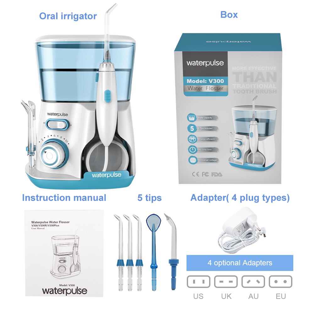 Waterpulse V300 Electric Oral Irrigator For Teeth Clean Dental Water Flosser 800ml Tank Oral Hygiene Cleaning 5 Jets Set: Green / AU
