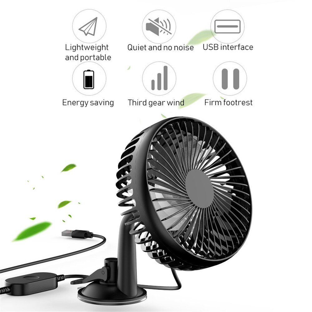 Black Suction Cup Single Head 5.5 Inch Car Fan 12V24V Universal Large Wind Three Speed Control USB Car Cooling Fan