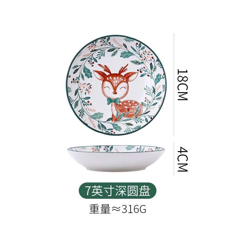 Cartoon Ceramic Kids Plate Set Dinning Food Deer Restaurant Nordic Plates Dinner Serving Platos De Cena Home Tableware DL60PZ: 7 inch deep plate