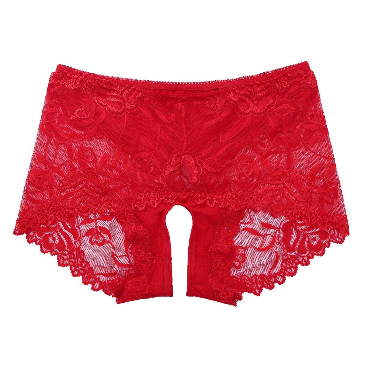 Men Bikini Underwear Sissy Panties See Though Sheer Lace High Waisted Briefs Gay Underpants Girly Temptation Crotchless Panties: Red / L