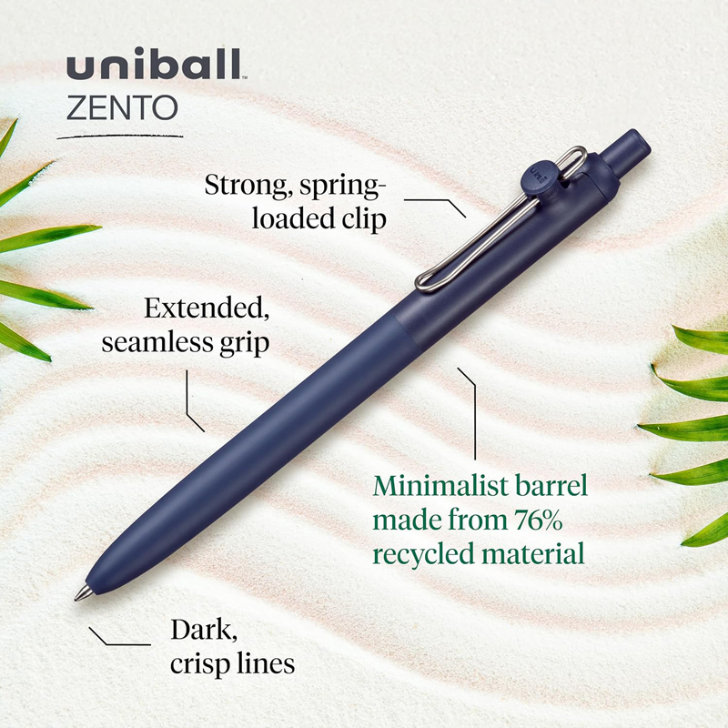 Uniball ZENTO Basic Model Rollerball Pen,Fine 0.5mm/Extra Fine 0.38mm,Water-Based Black Ink,Ultra-Smooth with Reduced Friction