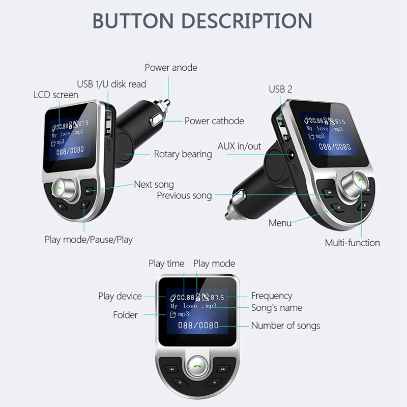 auto Senza Fili di Bluetooth Adattatore Trasmettitore FM MP3 Radio di Musica Lettore kit per auto 2 USB Caricatore con Le Chiamate in Vivavoce nero e sil