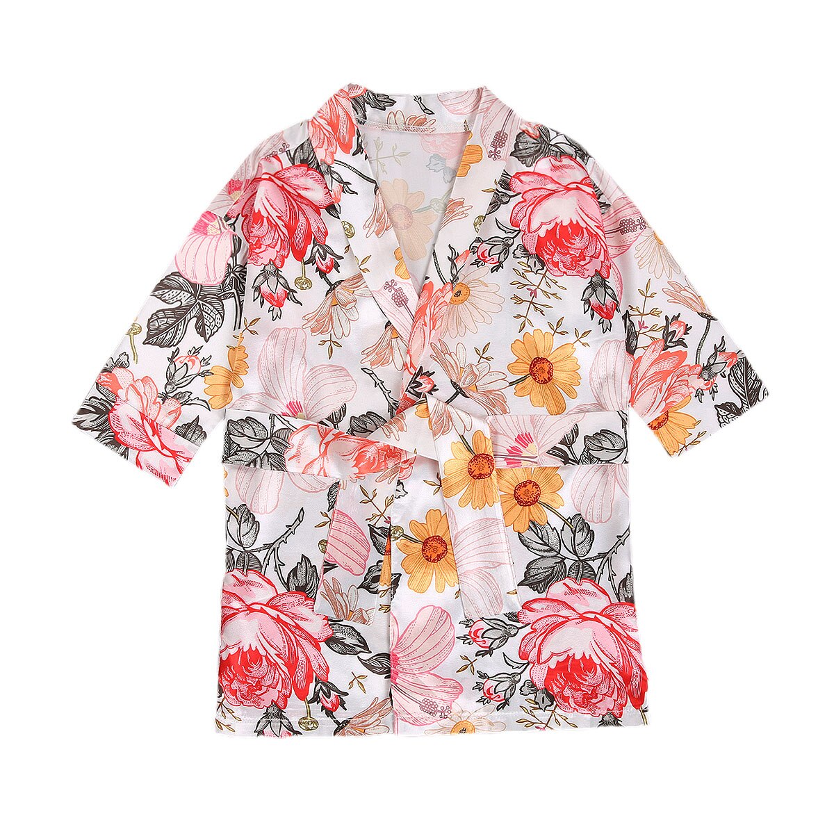 0-6Y bébé bébé petites filles Kimono en Satin de soie avec ceinture, motif imprimé vêtements de nuit Robes léopard pyjama à fleurs tenue: B / 6
