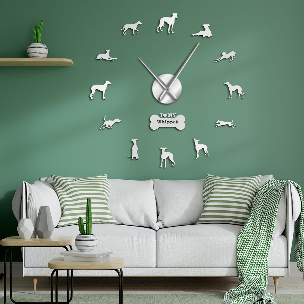 Oversized Whippet Dog Portrait 3D Acrylic DIY Wall Clock Italian Greyhound Canine Animal Mirror Effect Wall Stickers Clock Watch