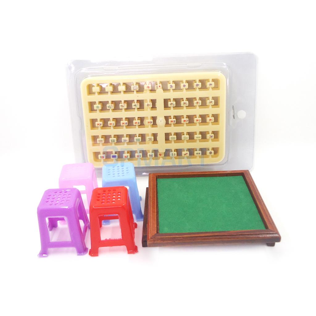 1/12 Schaal Dollhouse Miniatuur Mahjong Spel Klaptafel Krukken Voor 12th Poppen Huis Decoratie Accessoires