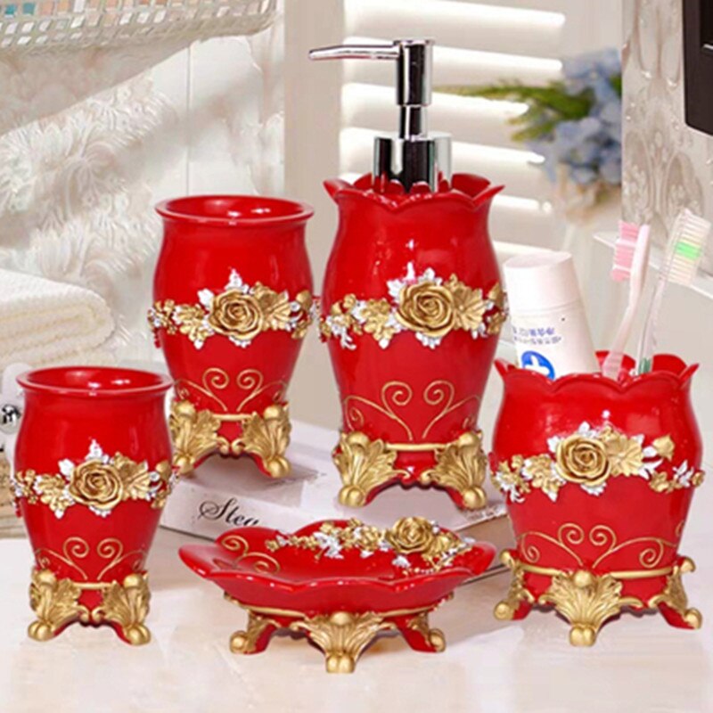 Wedding Bathroom Set- Pink Bathroom Accessories Kit-Red Resin Five-piece Set-Soap Dispenser-Toothbrush Holder: B